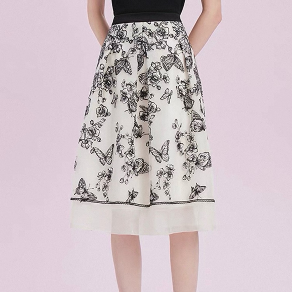 Black and White Embroidered Butterfly and Flowers Skirt with Sequins Details